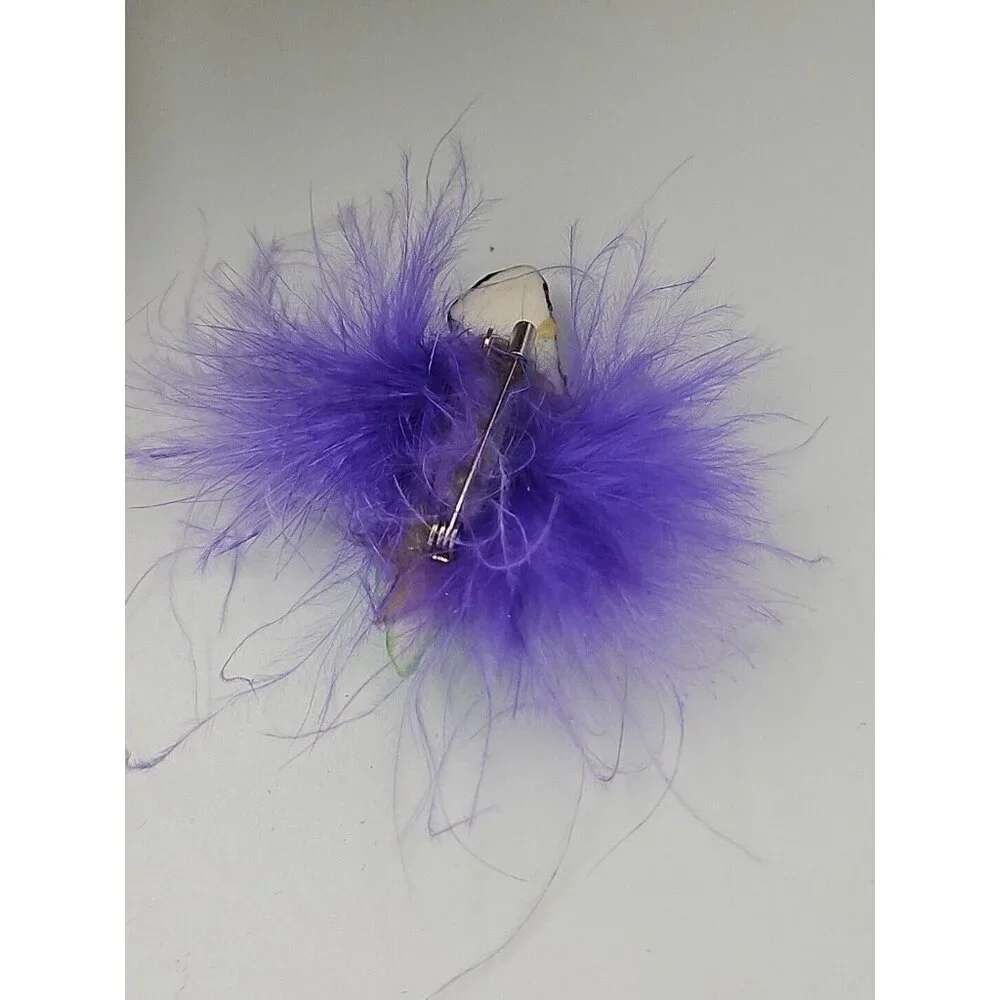 Vintage Lapel‎ Pin Brooch Halloween Green Witch Purple Feather Hair Googly Eyes